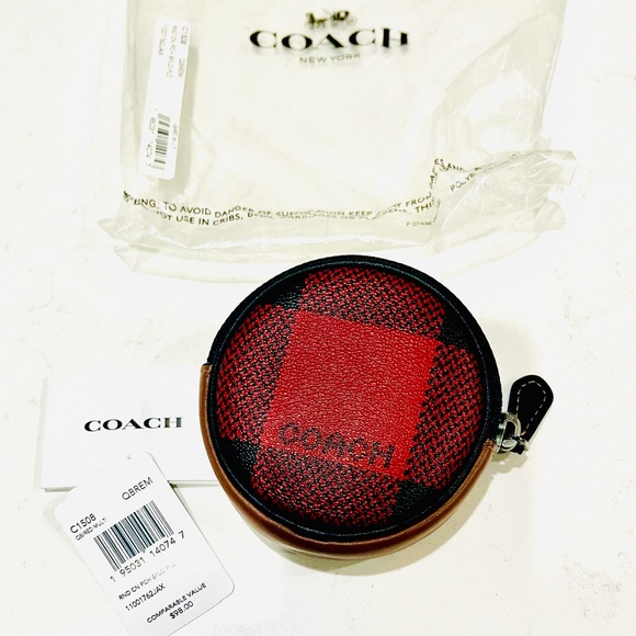 New Coach Round Coin Case With Buffalo Plaid Print - Deadstock RARE - Picture 6 of 16